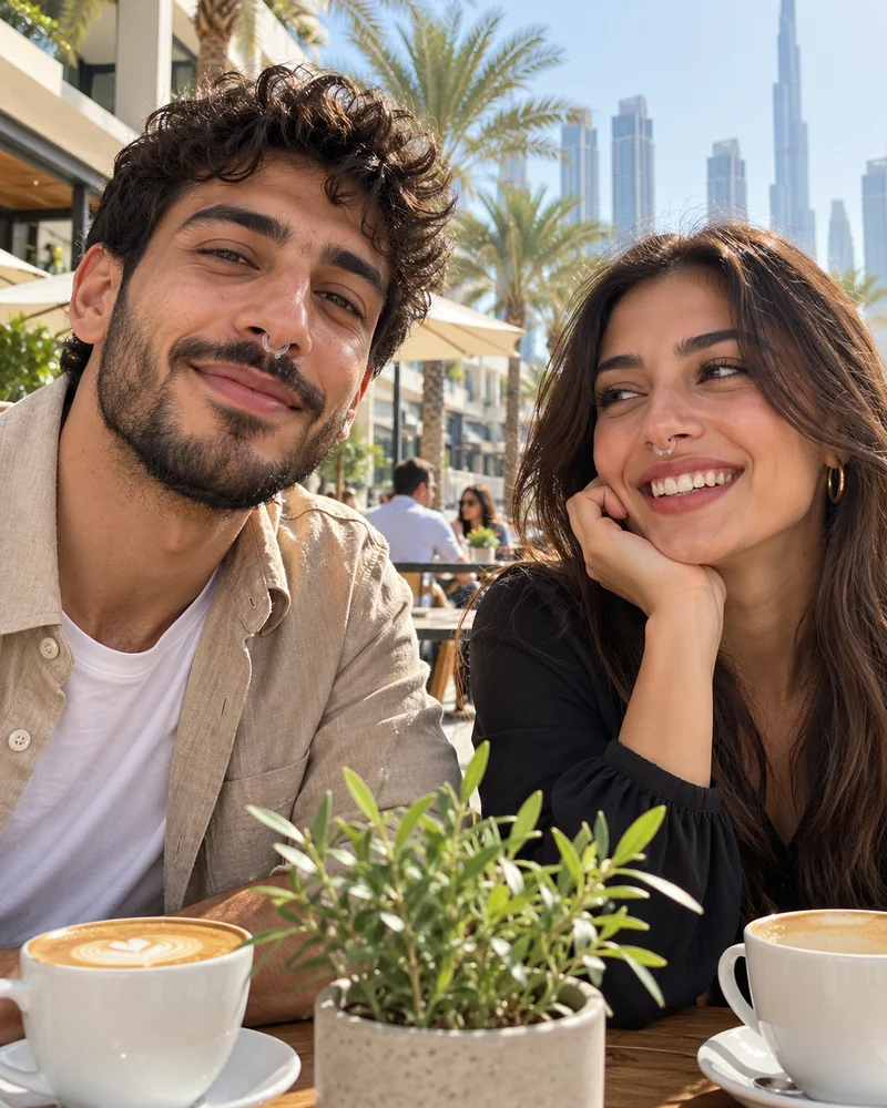 Two friends at a café terrace, both wearing NASMA