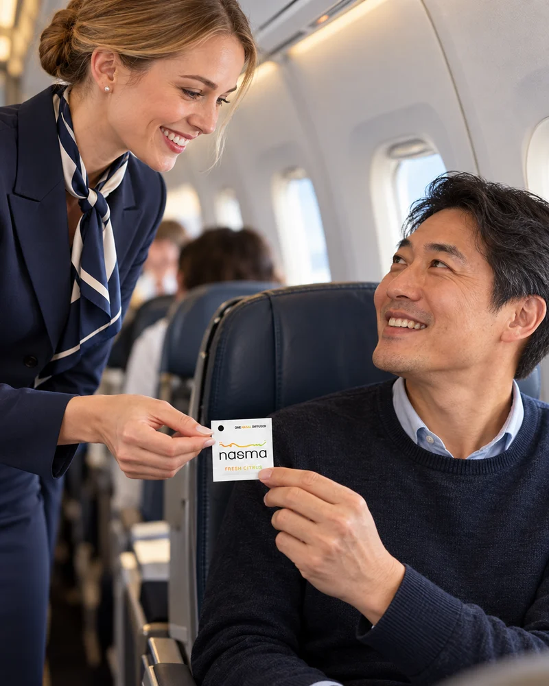 Cabin crew handing a NASMA pouch to a passenger