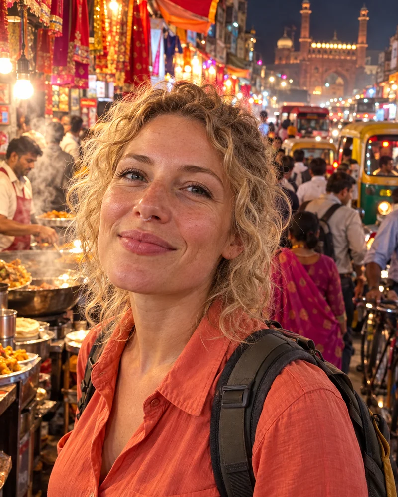 A traveller with a backpack in a lively night market wearing NASMA