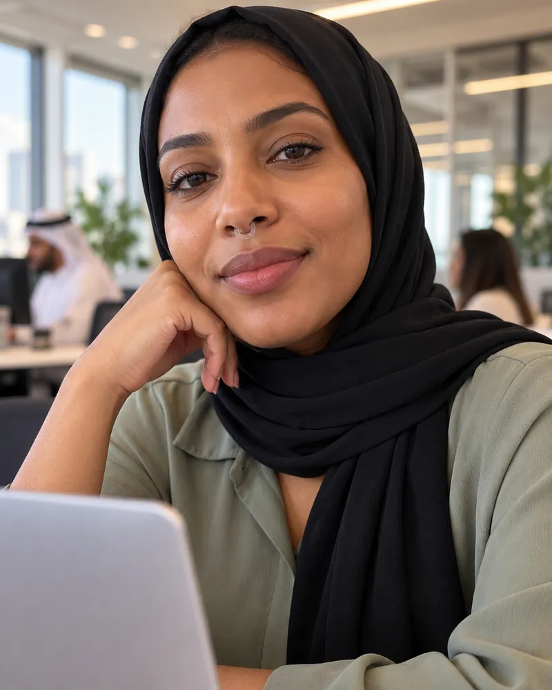 A woman at a shared office desk wearing NASMA