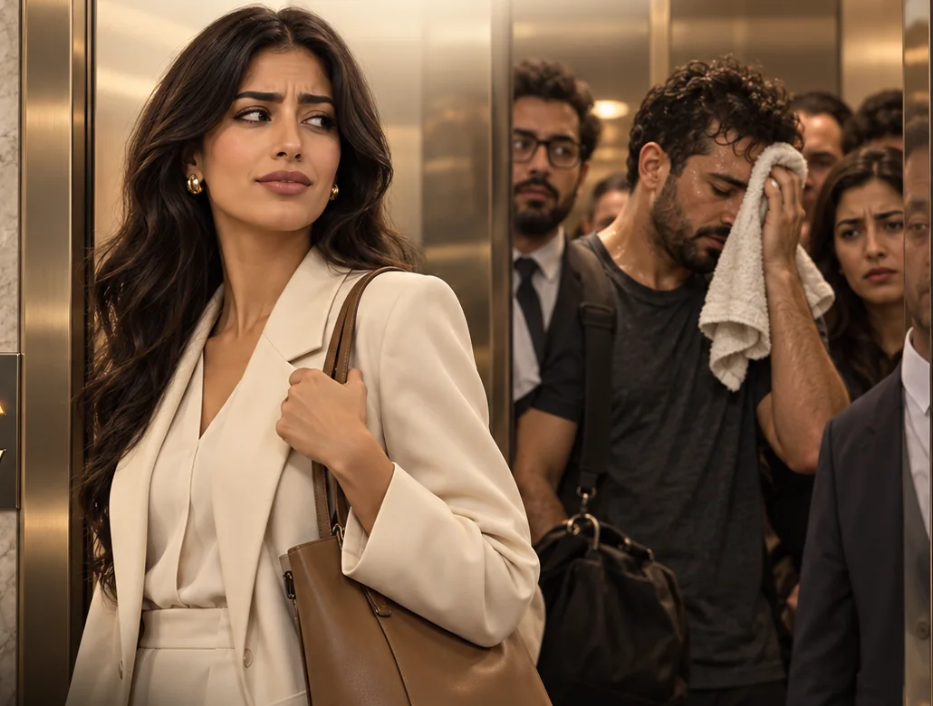 A woman in a crowded lift, looking for a moment of her own